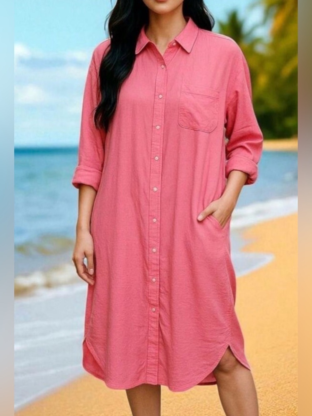 Universal Thread Linen Blend 3/4 Sleeve Button Down Shirt Dress
